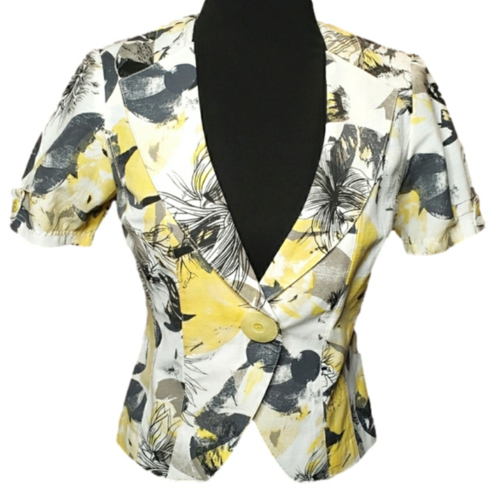 French linen look fabric yellow grey & white blazer crop spring floral jacket